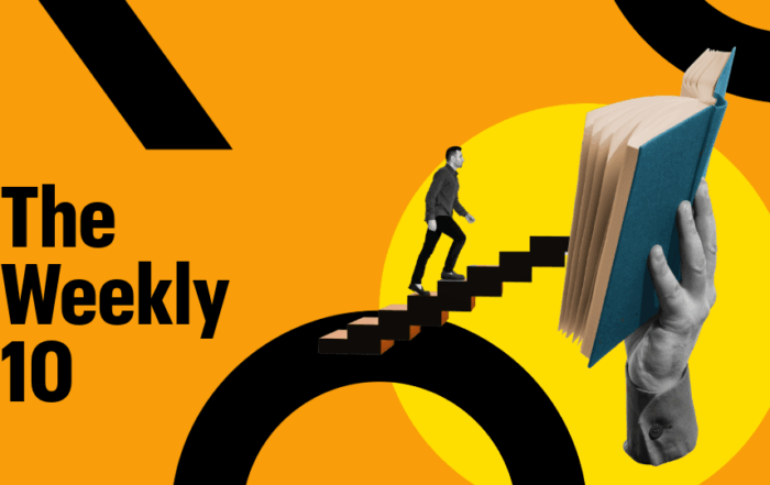 A man taking the stairs and walking into an abnormally large book. Text reads: The Weekly 10