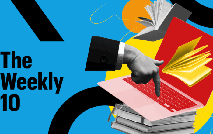 A large finger pressing the M key on a computer keyboard featuring a flying book. Text reads: The Weekly 10