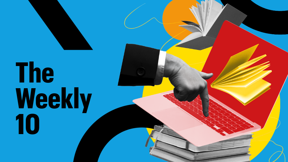 A large finger pressing the M key on a computer keyboard featuring a flying book. Text reads: The Weekly 10