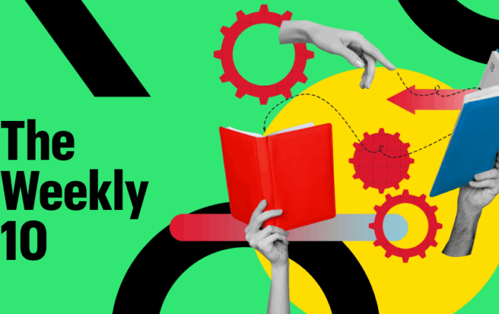 A hot and cold slider featuring hands holding blue and red books. Text reads: The Weekly 10