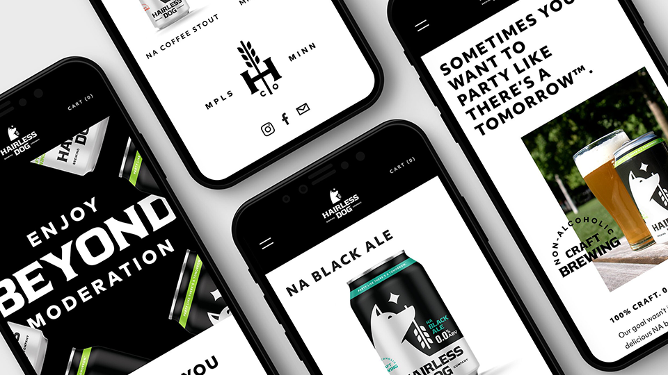 Hairless Dog's new mobile website as seen on multiple phone screens