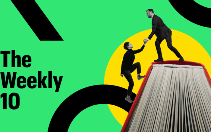 Someone helping their partner climb a book's cover. Text reads: The Weekly 10