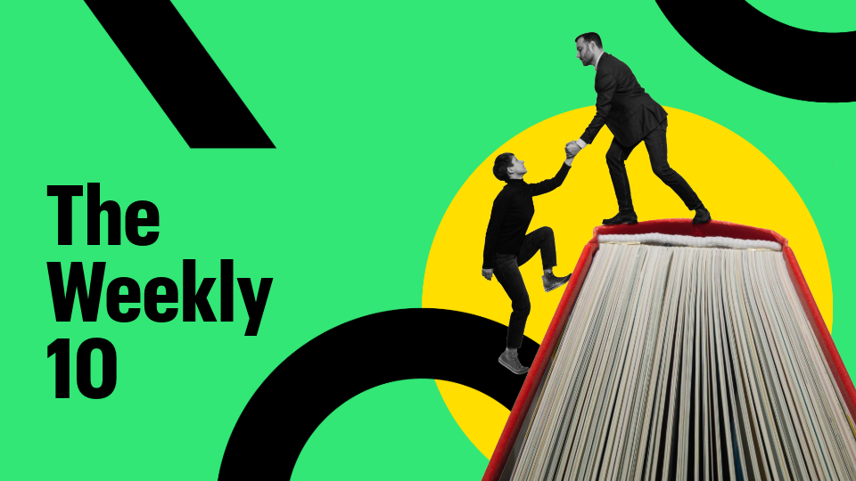 Someone helping their partner climb a book's cover. Text reads: The Weekly 10