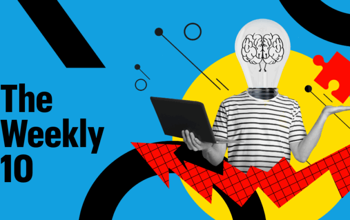 A humanoid figure with a lightbulb head. Text reads: The Weekly 10