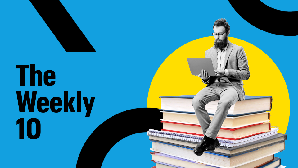 A man sitting on a stack of books and looking at their laptop. Text reads: The Weekly 10