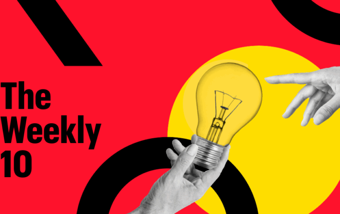 One hand holding a lightbulb while another hand points at the bulb. Text reads: The Weekly 10