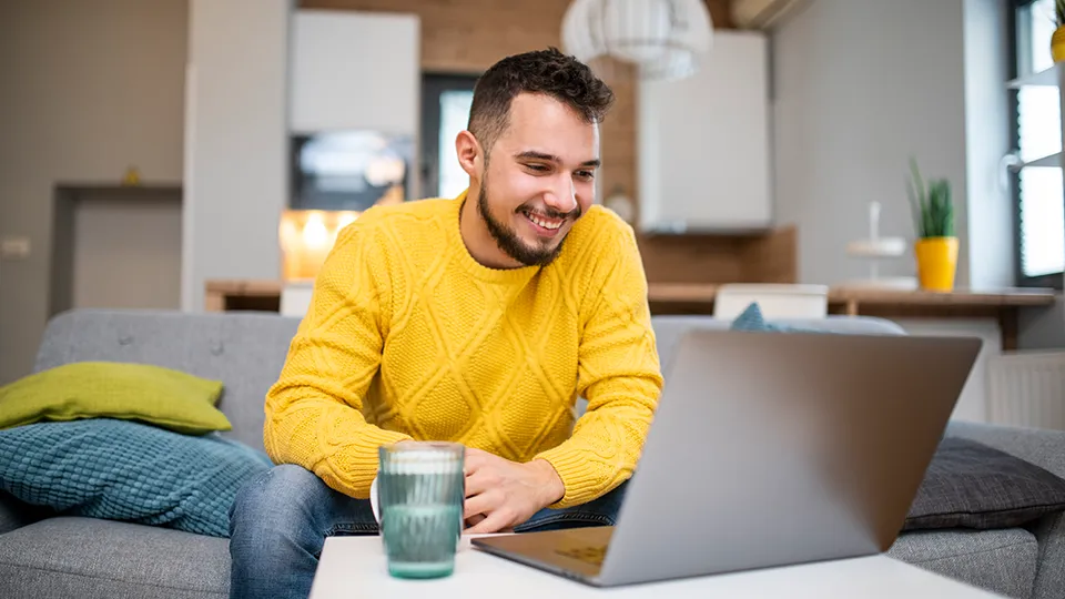 Consumer in their home browsing the internet on their laptop computer