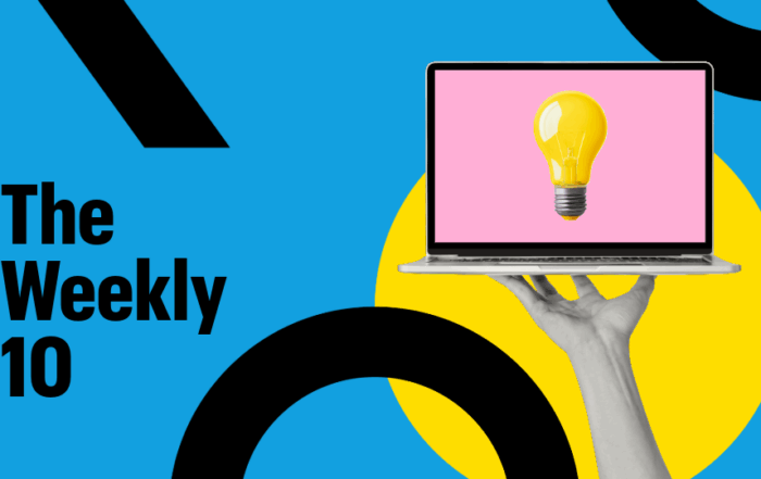 A hand holding a laptop with a lightbulb on its screen. Text reads: The Weekly 10
