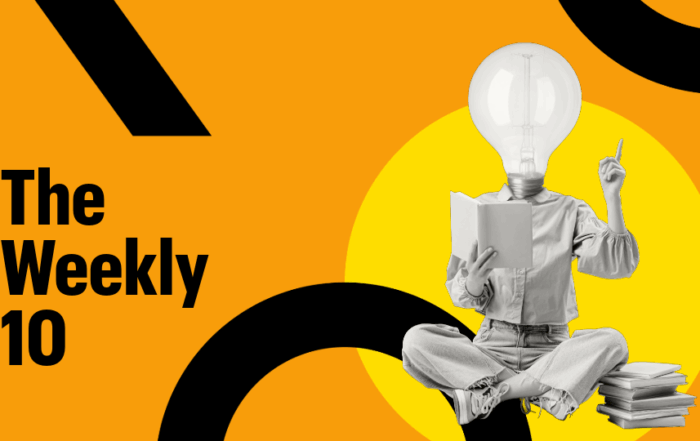 A humanoid lightbulb reading with one finger in the air. Text reads: The Weekly 10