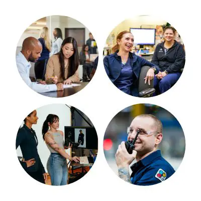 The people of Quad in four circles as an homage to the company logo