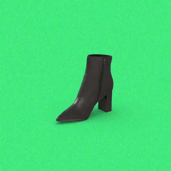 3D scan of a black boot partially rotating to show different angles on a green background