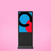 Retail media network kiosk display from In Store Connect by Quad on a pink background