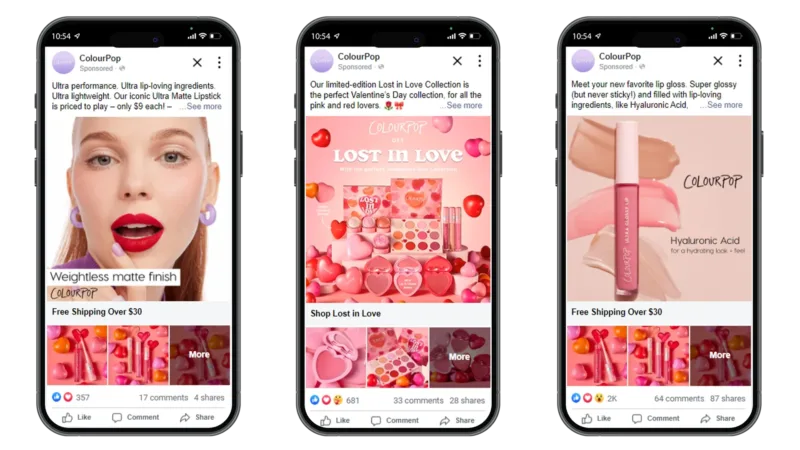 Mobile phone screens with ColourPop social media advertisement tests: Instant Storefront