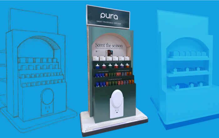 The three stages of a Pura display going from sketch to model to final design