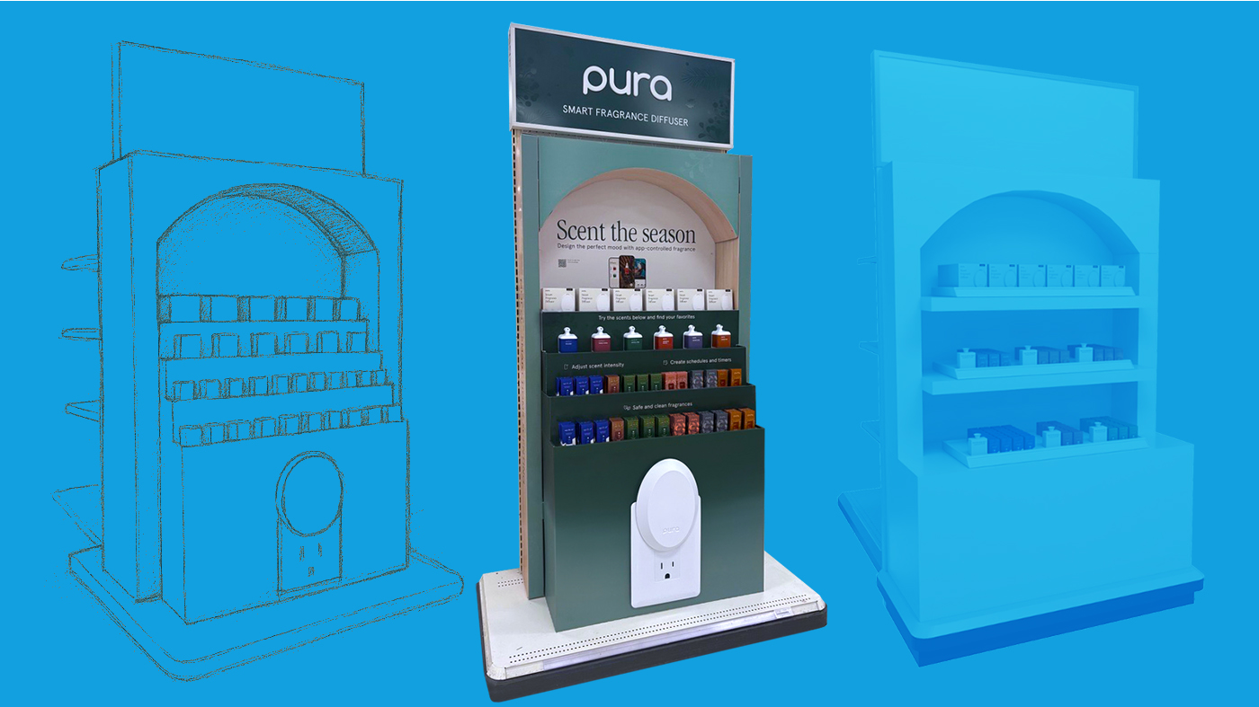 The three stages of a Pura display going from sketch to model to final design