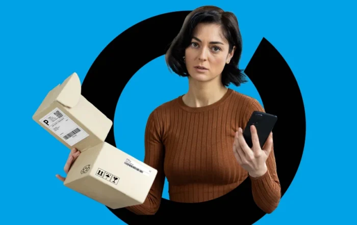 Skeptical consumer hold a mobile device and shipment package