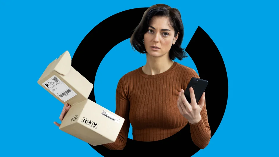 Skeptical consumer hold a mobile device and shipment package