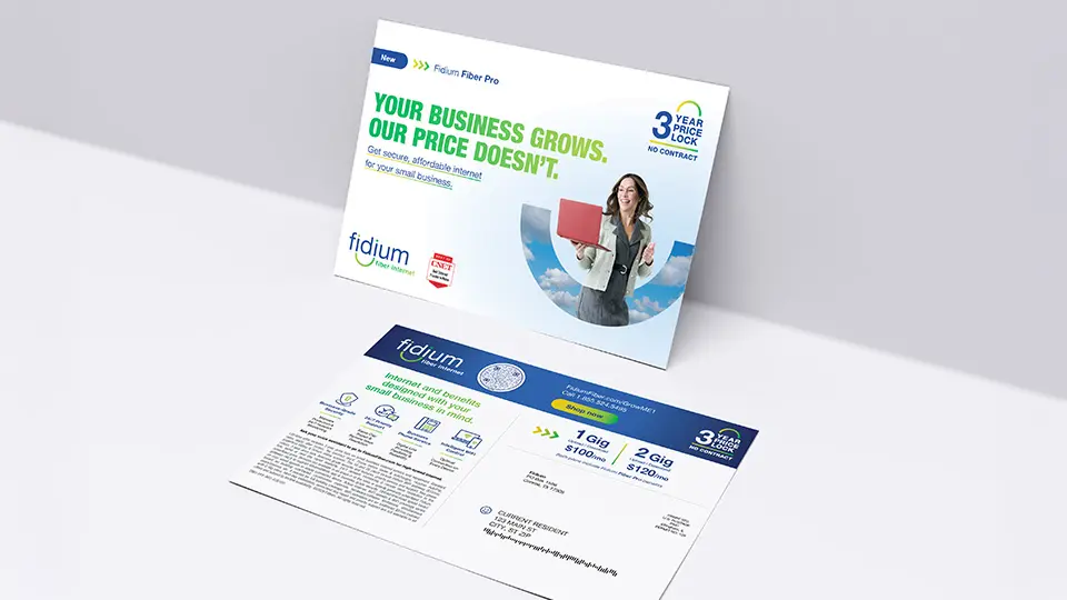 A Fidium postcard mailer developed with Quad’s direct mail automation platform capabilities A Fidium postcard mailer developed with Quad's direct mail automation platform capabilities