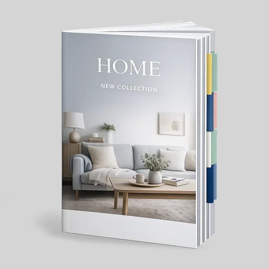 A tabbed magazine titled “Home: New collection” A tabbed magazine titled "Home: New collection"